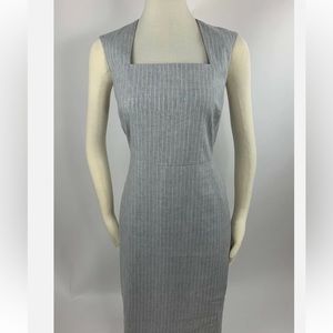 NEW Ann Taylor Gray White Pin Stripe Square Neck Sheath Dress Linen.